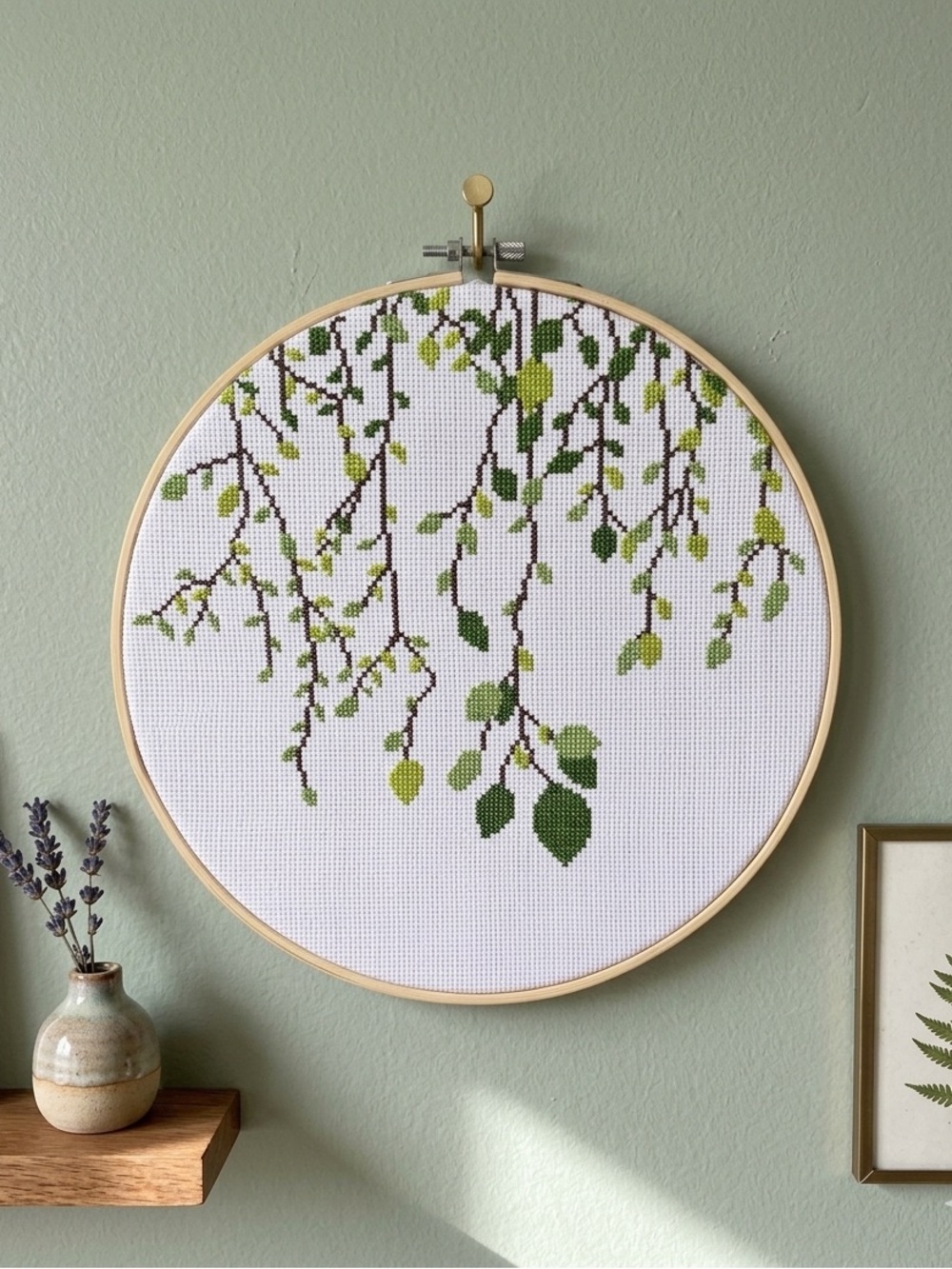 New Handmade Hanging Green Leaf Cross-Stitch